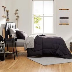 OCM Core Dorm Essentials Value Pack - 16 Piece Twin XL Set | Twin XL Bedding, Mattress Pad, Comforter, Sheets, Towels And Blanket | Black And Gray | Classic Solids