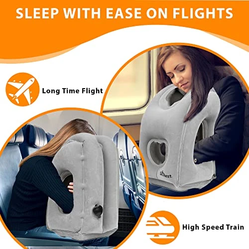 Skyrest Inflatable Travel Pillow - Neck Pillows For Travel, Travel Pillows For Sleeping Comfortably On Airplanes, Airplane Pillow For Buses, Cars, Office & Trains-Free Eye Mask And Earplugs- Grey 2 Skyrest Inflatable Travel Pillow - Neck Pillows For Travel, Travel Pillows For Sleeping Comfortably On Airplanes, Airplane Pillow For Buses, Cars, Office & Trains-Free Eye Mask And Earplugs- Grey - Image 2