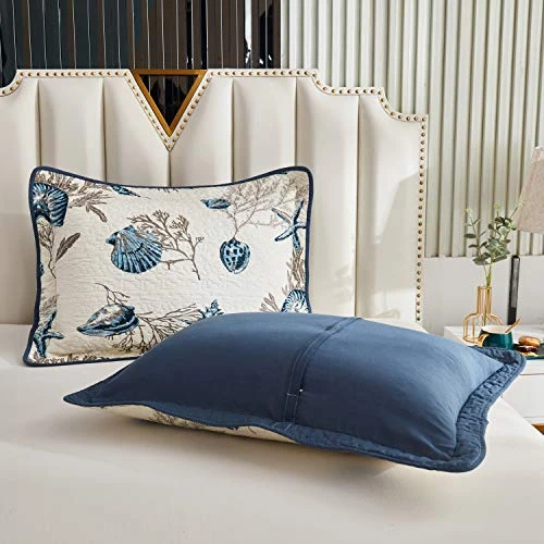 Quilted Pillow Shams King Size Set Of 2 Cotton Coastal Beach Decorative Pillow Covers Navy Blue Nautical Seashells Bedroom Decor 1 Quilted Pillow Shams King Size Set Of 2 Cotton Coastal Beach Decorative Pillow Covers Navy Blue Nautical Seashells Bedroom Decor