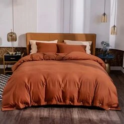 3 Pieces Button Closure Duvet Cover Set Queen, Burnt Orange Duvet Cover With Buttons, 100% Microfiber Soft & Easy Care Bedding Comforter Cover With Ties (1 Rust Duvet Cover, 2 Pillowcases)