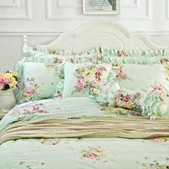 Light Robin Egg Blue Duvet Cover Sets Floral Girls Bedding Set 100% Cotton Ruffled Farmhouse Bedding For Women Elegant Garden Style Dorm Bedding (3-Piece, Full Size)