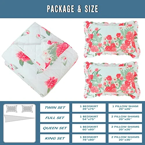 100% Cotton High 3-Pieces Ruffle Bed Skirt Queen Size Red Floral Quilted Bedspread Set With 2 Pillow Shams 20″Deep Dust Ruffle Drop 3-Side Dust Ruffle Drape Fitted Sheet For Bed Cover(White, Queen) 4 100% Cotton High 3-Pieces Ruffle Bed Skirt Queen Size Red Floral Quilted Bedspread Set With 2 Pillow Shams 20″Deep Dust Ruffle Drop 3-Side Dust Ruffle Drape Fitted Sheet For Bed Cover(White, Queen) - Image 4