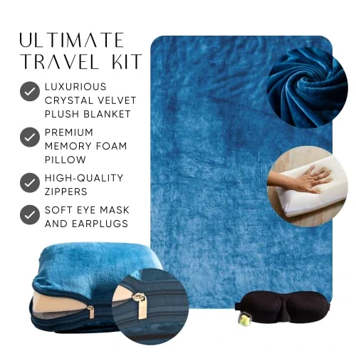 Travellow Travel Pillow And Blanket Set - 4-in-1 Ultimate Travel Kit With Memory Foam Pillow, Travel Blanket, Sleep Mask, And Earplugs-Ultimate Comfort And Coziness For Your Journeys - Blue 1 Travellow Travel Pillow And Blanket Set - 4-in-1 Ultimate Travel Kit With Memory Foam Pillow, Travel Blanket, Sleep Mask, And Earplugs-Ultimate Comfort And Coziness For Your Journeys - Blue