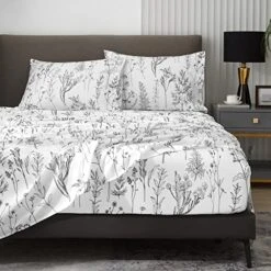 Floral Bed Sheets King Size, 18 Inches Deep Pocket Sheets 1800 Thread Count, Black And White Leaf Sheet Set Soft Breathable Cute Aesthetic Sheets Shabby Chic Bed Sheets,Oeko-Tex Certificated