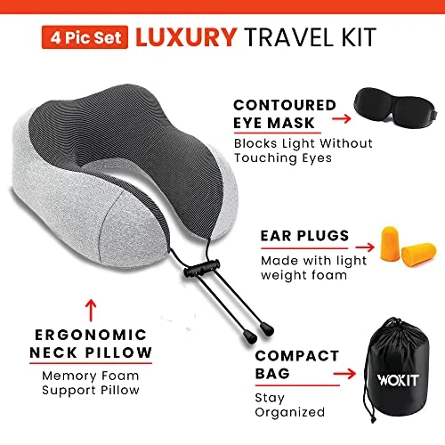 WOKIT Airplane Neck Pillows For Sleeping, 100% Pure Memory Foam, Comfortable, Travel Must Haves Essentials With 3D Contoured Eye Mask, Earplugs & Bag, Colored Box Pack 4 WOKIT Airplane Neck Pillows For Sleeping, 100% Pure Memory Foam, Comfortable, Travel Must Haves Essentials With 3D Contoured Eye Mask, Earplugs & Bag, Colored Box Pack - Image 4