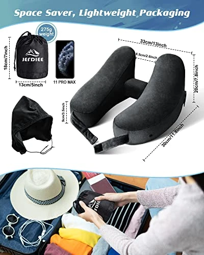 JefDiee Neck Pillows For Travel, Travel Pillow For Neck, Chin, Head Support, Airplane Pillow With Soft Washable Velour Cover, Hat, Portable Luxury Bag, 3D Sleep Mask And Earplugs (Black) 4 JefDiee Neck Pillows For Travel, Travel Pillow For Neck, Chin, Head Support, Airplane Pillow With Soft Washable Velour Cover, Hat, Portable Luxury Bag, 3D Sleep Mask And Earplugs (Black) - Image 4