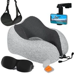 Airplane Neck Pillow Includes Travel Pillow + Airplane Phone Holder Mount + Eye Masks + Foot Hammock + Earplugs For Travel, 100% Pure Memory Foam Travel Pillow, 5 Pc Travel Kit