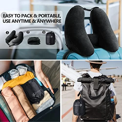Neck Pillow For Travel Inflatable Airplane Pillow Comfortably Supports Head, Neck And Chin, Inflatable Travel Pillow With Soft Velour Cover And Portable Drawstring Bag (Black) 4 Neck Pillow For Travel Inflatable Airplane Pillow Comfortably Supports Head, Neck And Chin, Inflatable Travel Pillow With Soft Velour Cover And Portable Drawstring Bag (Black) - Image 4