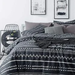Black Geometric Duvet Cover Queen 100% Cotton Boho Aztec Duvet Cover Set 3 Piece 1 White Bohemian Duvet Cover With Zipper Ties 2 Pillow Cases Luxury Soft Aztec Geometric Bedding Set Breathable
