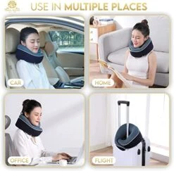 Travel Royale Neck Pillow Head, Chin, Neck 360° Support Pillow Adjustable 100% Pure Memory Foam Pillow For Airplanes, Car & Home, Ergonomic Design Full Neck Surround Bundle Eyecover & Earplugs (Navy)