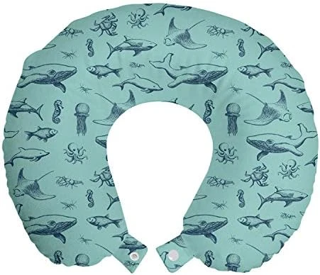 Nautical Travel Pillow Neck Rest, Vintage Marine Style Pattern With Whale Shark Jellyfish Seahorse, Memory Foam Traveling Accessory For Airplane And Car, 12", Sky Blue 13 Nautical Travel Pillow Neck Rest, Vintage Marine Style Pattern With Whale Shark Jellyfish Seahorse, Memory Foam Traveling Accessory For Airplane And Car, 12", Sky Blue - Image 13