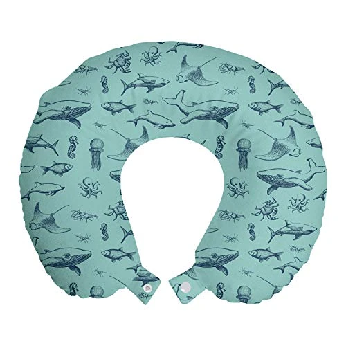 Nautical Travel Pillow Neck Rest, Vintage Marine Style Pattern With Whale Shark Jellyfish Seahorse, Memory Foam Traveling Accessory For Airplane And Car, 12", Sky Blue 1 Nautical Travel Pillow Neck Rest, Vintage Marine Style Pattern With Whale Shark Jellyfish Seahorse, Memory Foam Traveling Accessory For Airplane And Car, 12", Sky Blue
