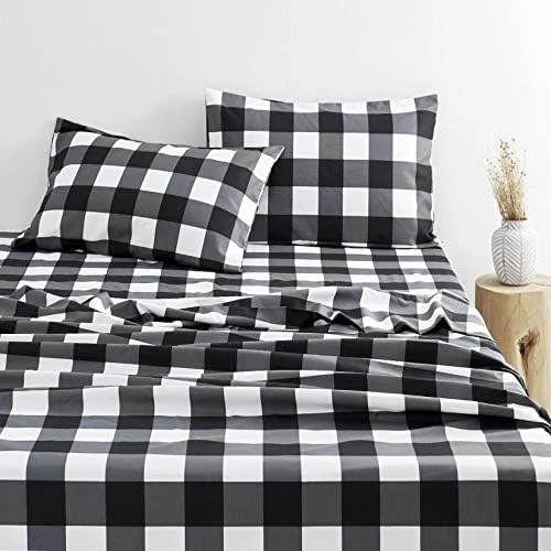 - Gray Plaid Sheet Set, Buffalo Check Gingham Geometric Checker Pattern Printed In Dark Grey White, Soft Microfiber Bedding (4pcs, Queen Size) 6 - Gray Plaid Sheet Set, Buffalo Check Gingham Geometric Checker Pattern Printed In Dark Grey White, Soft Microfiber Bedding (4pcs, Queen Size) - Image 6