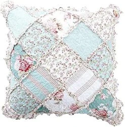Set Of 2 Blooming Floral Throw Pillow Covers - Patchwork Hint Of Mint Cotton Garden Country Cottage - Ruffles Muted Pastel Light Seafoam Blue/Green - 18" X 18"
