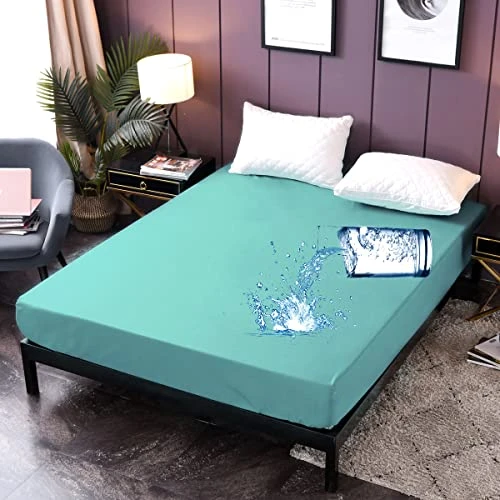 Waterproof Mattress Protector Cover Queen Size 14 Inches Deep Pocket Polyester Bed Cover Solid Color Fitted Sheet (60‘’x80‘’ (Aqua Blue, Queen) 1 Waterproof Mattress Protector Cover Queen Size 14 Inches Deep Pocket Polyester Bed Cover Solid Color Fitted Sheet (60‘’x80‘’ (Aqua Blue, Queen)