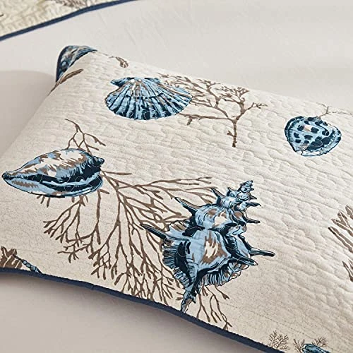 Quilted Pillow Shams King Size Set Of 2 Cotton Coastal Beach Decorative Pillow Covers Navy Blue Nautical Seashells Bedroom Decor 2 Quilted Pillow Shams King Size Set Of 2 Cotton Coastal Beach Decorative Pillow Covers Navy Blue Nautical Seashells Bedroom Decor - Image 2