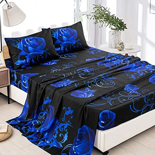 Lue Sheet Set Queen, 4 Piece Soft Microfiber Blue Rose Bedding Sheets With 1 Deep Pocket Fitted Sheet,1 Flat Sheet, 2 Pillowcase. All-Season Floral Bed Sheet For Queen Bed 1 Lue Sheet Set Queen, 4 Piece Soft Microfiber Blue Rose Bedding Sheets With 1 Deep Pocket Fitted Sheet,1 Flat Sheet, 2 Pillowcase. All-Season Floral Bed Sheet For Queen Bed