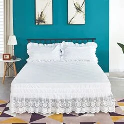 White Lace Bed Skirt Queen,Wrap Around Bed Skirt,15''Drop Elastic Trimmed Pleated Bed Skirts for Adjustable Bed Easy Fit
