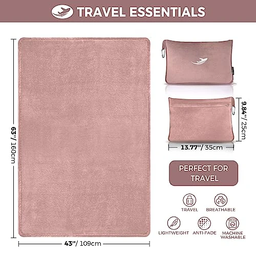 NOWWISH Travel Blanket Pillow - Travel Essentials Gifts For Women On Airplane, Camping, Car - Premium Soft 2 In 1 Airplane Blanket, Pink 1 NOWWISH Travel Blanket Pillow - Travel Essentials Gifts For Women On Airplane, Camping, Car - Premium Soft 2 In 1 Airplane Blanket, Pink