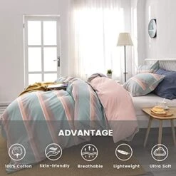 Duvet Cover Queen Size 3 Pcs Set, 100% Washed Cotton Mix Color Stripe Luxury Breathable Soft Bedding Comforter Covers, With Buttons Closure, 1 Queen Duvet Cover 90x90 Inches And 2 Pillow Cases