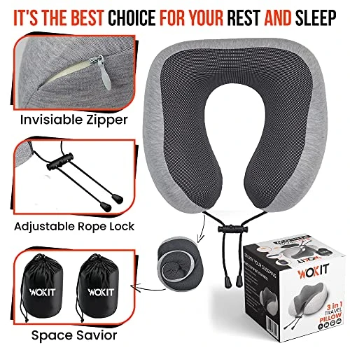 WOKIT Airplane Neck Pillows For Sleeping, 100% Pure Memory Foam, Comfortable, Travel Must Haves Essentials With 3D Contoured Eye Mask, Earplugs & Bag, Colored Box Pack 3 WOKIT Airplane Neck Pillows For Sleeping, 100% Pure Memory Foam, Comfortable, Travel Must Haves Essentials With 3D Contoured Eye Mask, Earplugs & Bag, Colored Box Pack - Image 3