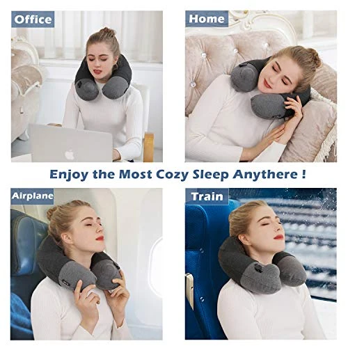 Kmall Inflatable Travel Neck Pillow For Airplane Travel Best Neck Support Sleep Travel Pillow With Super Comfort Pillow Case, Gray, 11.5x11.2x5.1 Inches 3 Kmall Inflatable Travel Neck Pillow For Airplane Travel Best Neck Support Sleep Travel Pillow With Super Comfort Pillow Case, Gray, 11.5x11.2x5.1 Inches - Image 3