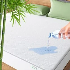 Queen Mattress Protector Waterproof, Bamboo Mattress Protector Queen Size Cooling Fitted Mattress Pad Cover Skid Resistant, Fit 8-18 Inches Mattress, White (AC-NV0MP801-Q)