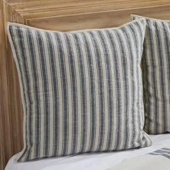 Market Place Blue Ticking Stripe Quilted Euro Sham, 26" X 26", Farmhouse Style Bedding In Blue & Natural Cream
