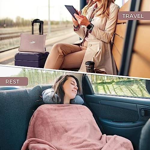 NOWWISH Travel Blanket Pillow - Travel Essentials Gifts For Women On Airplane, Camping, Car - Premium Soft 2 In 1 Airplane Blanket, Pink 5 NOWWISH Travel Blanket Pillow - Travel Essentials Gifts For Women On Airplane, Camping, Car - Premium Soft 2 In 1 Airplane Blanket, Pink - Image 5