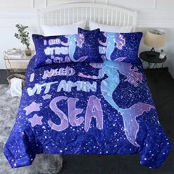 3 Piece Fairytale Mermaid Comforter Set With Pillow Shams Bedding Set 3D Printed Reversible Comforter King Size Bedding Sets, Underwater Mermaid Girl Silhouette