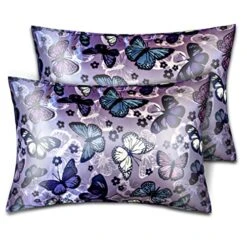 Ilk Satin Pillowcase For Hair And Skin Soft Satin Pillow Cases Standard Size Pack Of 2, Wrinkle, Fade-Resistant With Envelope Closure (20’’x26’’, Purple, Butterflies & Flower)