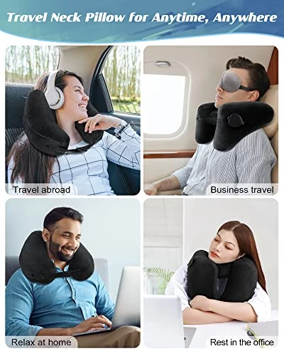 JefDiee Neck Pillows For Travel, Travel Pillow For Neck, Chin, Head Support, Airplane Pillow With Soft Washable Velour Cover, Hat, Portable Luxury Bag, 3D Sleep Mask And Earplugs (Black) 2 JefDiee Neck Pillows For Travel, Travel Pillow For Neck, Chin, Head Support, Airplane Pillow With Soft Washable Velour Cover, Hat, Portable Luxury Bag, 3D Sleep Mask And Earplugs (Black) - Image 2