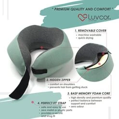 Luvcor Premium Quality Memory Foam Travel Neck Pillow Bundle - Best Ergonomic Pillow For Airplane Travel, Car Ride, Sleeping. Comes With Eye Mask, Earplugs And Storage Bag. (Imperial Green) -Amazon Shop 51nGHSSYyyL
