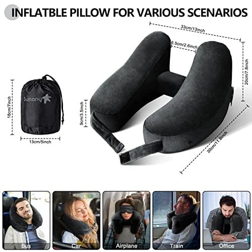 Neck Pillow For Travel Inflatable Airplane Pillow Comfortably Supports Head, Neck And Chin, Inflatable Travel Pillow With Soft Velour Cover And Portable Drawstring Bag (Black) 3 Neck Pillow For Travel Inflatable Airplane Pillow Comfortably Supports Head, Neck And Chin, Inflatable Travel Pillow With Soft Velour Cover And Portable Drawstring Bag (Black) - Image 3