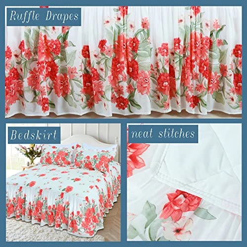 100% Cotton High 3-Pieces Ruffle Bed Skirt Queen Size Red Floral Quilted Bedspread Set With 2 Pillow Shams 20″Deep Dust Ruffle Drop 3-Side Dust Ruffle Drape Fitted Sheet For Bed Cover(White, Queen) 3 100% Cotton High 3-Pieces Ruffle Bed Skirt Queen Size Red Floral Quilted Bedspread Set With 2 Pillow Shams 20″Deep Dust Ruffle Drop 3-Side Dust Ruffle Drape Fitted Sheet For Bed Cover(White, Queen) - Image 3