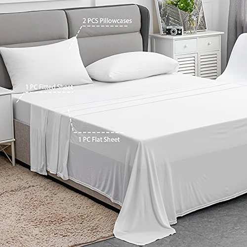 Stretch Jersey Knit Bed Sheets Set Queen Size 4 Piece Microfiber T-Shirt Sheets & Pillowcases Sets Super Soft Warm - Breathable Deep Pocket Knitted Jersey Sheet Set (Queen, White) 2 Stretch Jersey Knit Bed Sheets Set Queen Size 4 Piece Microfiber T-Shirt Sheets & Pillowcases Sets Super Soft Warm - Breathable Deep Pocket Knitted Jersey Sheet Set (Queen, White) - Image 2