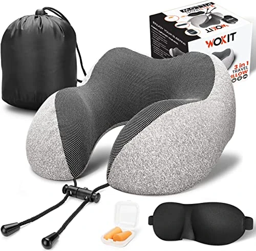 WOKIT Airplane Neck Pillows For Sleeping, 100% Pure Memory Foam, Comfortable, Travel Must Haves Essentials With 3D Contoured Eye Mask, Earplugs & Bag, Colored Box Pack 1 WOKIT Airplane Neck Pillows For Sleeping, 100% Pure Memory Foam, Comfortable, Travel Must Haves Essentials With 3D Contoured Eye Mask, Earplugs & Bag, Colored Box Pack