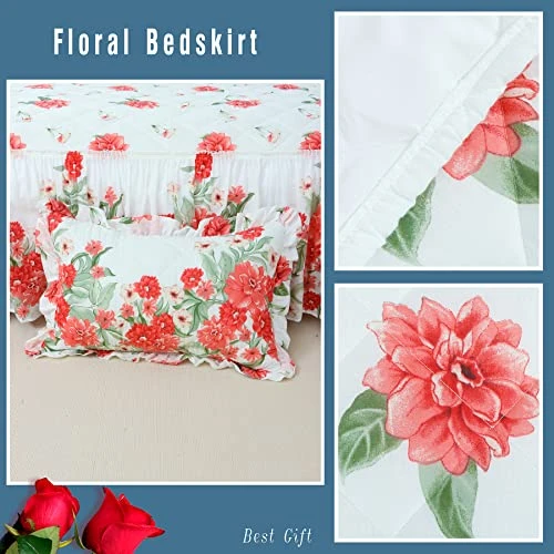 100% Cotton High 3-Pieces Ruffle Bed Skirt Queen Size Red Floral Quilted Bedspread Set With 2 Pillow Shams 20″Deep Dust Ruffle Drop 3-Side Dust Ruffle Drape Fitted Sheet For Bed Cover(White, Queen) 2 100% Cotton High 3-Pieces Ruffle Bed Skirt Queen Size Red Floral Quilted Bedspread Set With 2 Pillow Shams 20″Deep Dust Ruffle Drop 3-Side Dust Ruffle Drape Fitted Sheet For Bed Cover(White, Queen) - Image 2