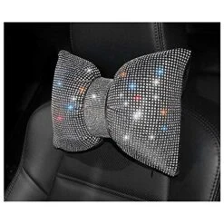 1 Pack Bling Bling Rhinestones Bowknot Car Headrest Pillow, Crystal Lumbar Support Pillow, Neck Rest Pillow For Car, Head Neck Support For Pain Relief - White Headrest Pillow