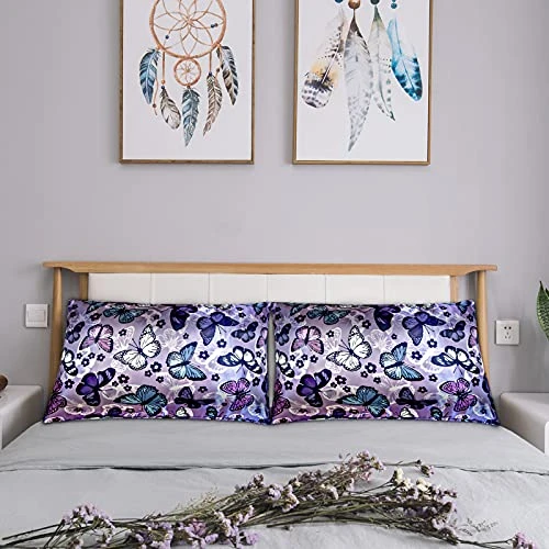 Ilk Satin Pillowcase For Hair And Skin Soft Satin Pillow Cases Standard Size Pack Of 2, Wrinkle, Fade-Resistant With Envelope Closure (20’’x26’’, Purple, Butterflies & Flower) 2 Ilk Satin Pillowcase For Hair And Skin Soft Satin Pillow Cases Standard Size Pack Of 2, Wrinkle, Fade-Resistant With Envelope Closure (20’’x26’’, Purple, Butterflies & Flower) - Image 2