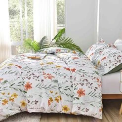 Loral Duvet Cover Queen Size - White Yellow Flowers And Green Leaf Spring Botanical Printed Microfiber Comforter Cover Set - 3PC 90X90 Soft And Lightweight Quilt Cover, Farmhouse Style For Women Men -Amazon Shop 51tutPgMLwL