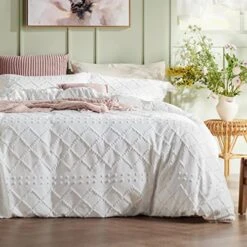 Duvet Cover Queen Size - Queen Duvet Cover Set, Boho Bedding Queen For All Seasons, 3 Pieces Embroidery Shabby Chic Spring Bedding Duvet Covers (White, Queen, 90x90'')