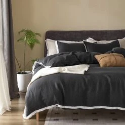 100% Pure Linen Duvet Cover Set King Size104X90Inch 3pcs (1 Duvet Cover,2 Pillowcases) Soft And Breathable For All Season With Coconut Button Closure, Suitable For Hot Sleepers-Dark Grey,Queen