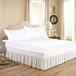 1 Piece Wrap Around Cotton Bed Skirt Queen King Full Twin Size Bed 13 Inch Drop Elastic Easy Fit Wrinkle And Fade Resistant Queen White