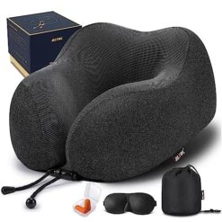 MLVOC Travel Pillow 100% Pure Memory Foam Neck Pillow, Comfortable & Breathable Cover, Machine Washable, Airplane Travel Kit With 3D Contoured Eye Masks, Earplugs, And Luxury Bag, Standard (Black)