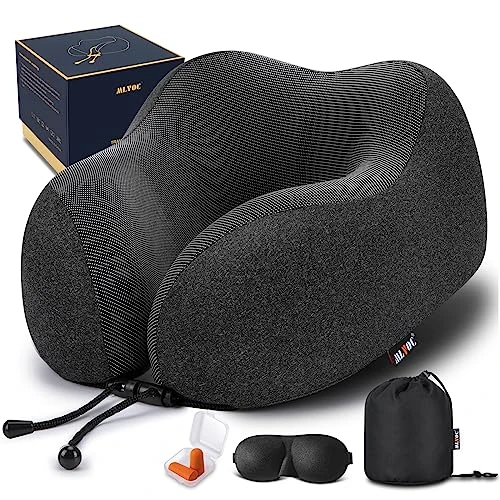MLVOC Travel Pillow 100% Pure Memory Foam Neck Pillow, Comfortable & Breathable Cover, Machine Washable, Airplane Travel Kit With 3D Contoured Eye Masks, Earplugs, And Luxury Bag, Standard (Black) 1 MLVOC Travel Pillow 100% Pure Memory Foam Neck Pillow, Comfortable & Breathable Cover, Machine Washable, Airplane Travel Kit With 3D Contoured Eye Masks, Earplugs, And Luxury Bag, Standard (Black)