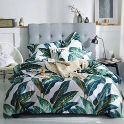 Home Duvet Cover Set Zipper Closure Vintage Print Quilt Cover Set White King Green Tropical Leaves Pattern Reversible Cotton Luxury Bedding Collection