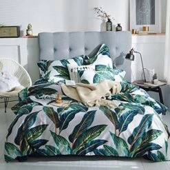Home Duvet Cover Set Zipper Closure Vintage Print Quilt Cover Set White King Green Tropical Leaves Pattern Reversible Cotton Luxury Bedding Collection -Amazon Shop 61VepBbJ3EL. AC