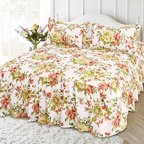 100% Cotton High 3-Pieces Ruffle Bed Skirt Queen Size Red Floral Quilted Bedspread Set With 2 Pillow Shams 20″Deep Dust Ruffle Drop 3-Side Dust Ruffle Drape Fitted Sheet For Bed Cover(White, Queen) 8 100% Cotton High 3-Pieces Ruffle Bed Skirt Queen Size Red Floral Quilted Bedspread Set With 2 Pillow Shams 20″Deep Dust Ruffle Drop 3-Side Dust Ruffle Drape Fitted Sheet For Bed Cover(White, Queen) - Image 8
