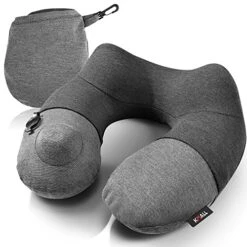 Kmall Inflatable Travel Neck Pillow For Airplane Travel Best Neck Support Sleep Travel Pillow With Super Comfort Pillow Case, Gray, 11.5x11.2x5.1 Inches